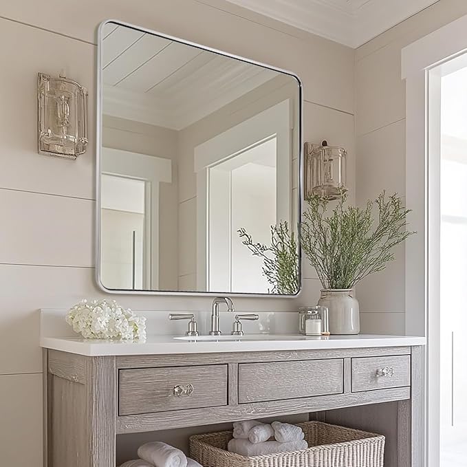 ANDY STAR 36x36 Inch Brushed Nickel Bathroom Mirror, Rounded Square Bathroom - Image 9