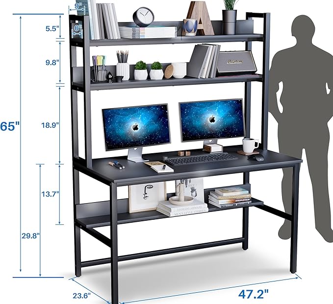 Aquzee Computer Desk with Hutch and Bookshelves, Large Leg Room 47 inch Width - Image 3
