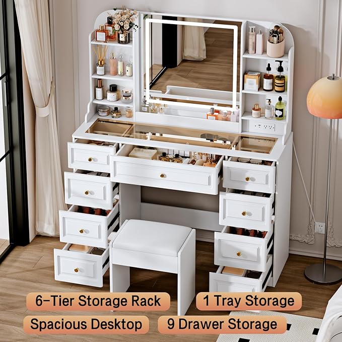 42" Makeup Vanity Desk with Mirror and Lights, & Power Outl, Glass Top Big - Image 2