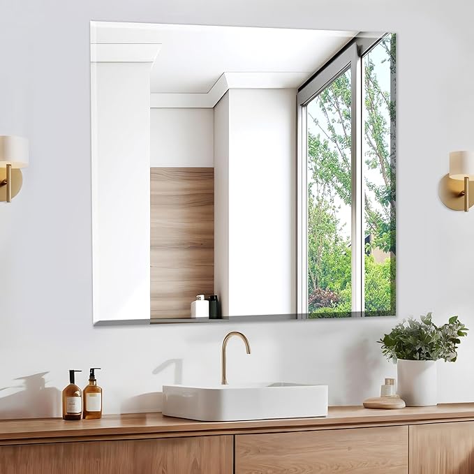 30x30 Frameless Mirror, Bathroom Vanity Mirror, Nano Glass Square Mirrors by AUYHM