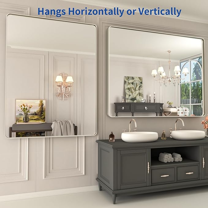 WEER 48X36 Inch Brushed Nickel Bathroom Mirror, Brushed Silver Metal Frame - Image 5