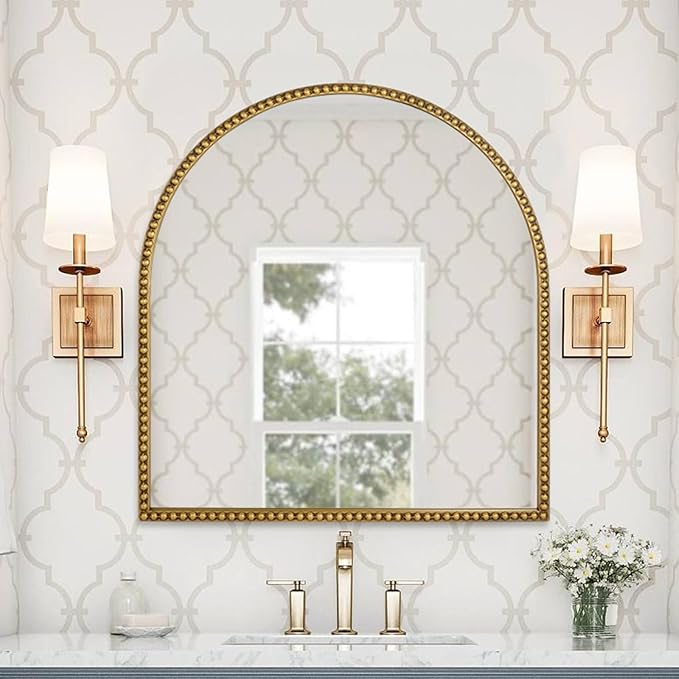 33x31 Inch Arched Bathroom Mirror, Antique Gold Wall Mirror Metal Beaded Frame - Image 4
