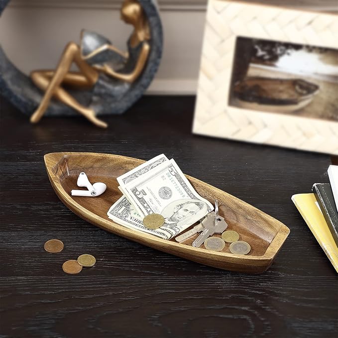 Lucky Boat Serving Tray, Acacia Solid Wood Boat Shape Plate - Image 5