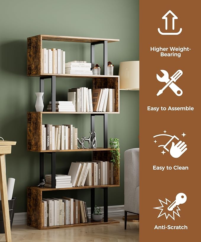 Gadroad 5-Tier Geometric Bookcase, S Shaped Bookshelf, Wood Decorative Storage - Image 4