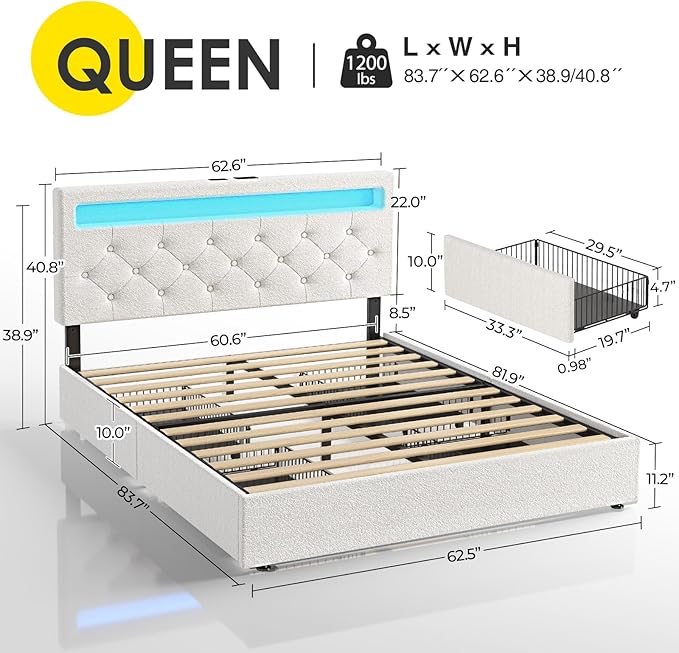 Rolanstar Queen Bed Frame with 4 Storage Drawers and Charging Station, Queen - Image 2