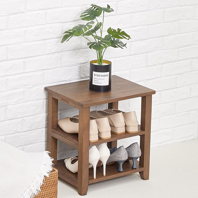 Small Shoe Rack Bench, 2-Tier Solid Wood Heavy Duty Shoe Organizer Shelf by Aroktake
