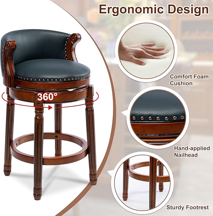 CozyRain Bar Stools Rubber Wood Counter Height Bar Stool Leather Upholstered - Image 5
