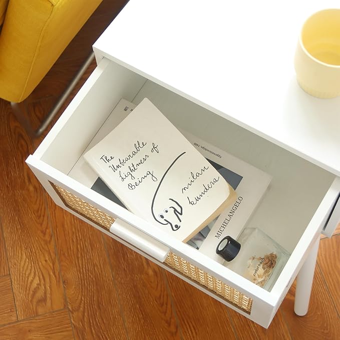 AWASEN White Rattan Nightstand, Modern Bedside Table - Image 5