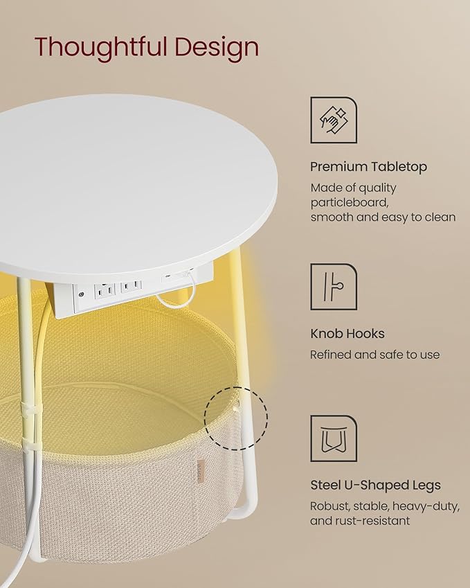 VASAGLE Side Table with Charging Station, Round End Table with Fabric Basket - Image 6