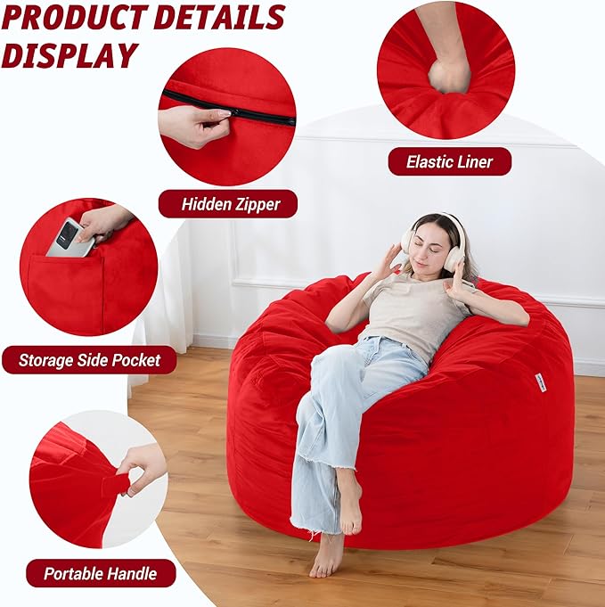 4FT Bean Bag Chair with Ultra Soft Velvet Cover Bean Bag Sofa with Memory Foam - Image 4