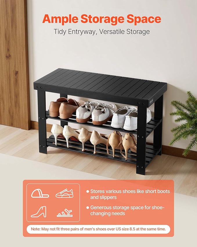 VEVOR Shoe Rack Bench, 3-Tier Bamboo Entryway Bench, Shoe Storage Organizer - Image 4