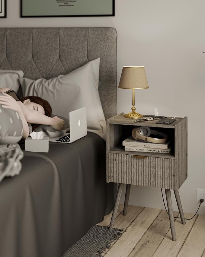 Nightstand with Outlet, Modern Bedside Table with Storage Drawer and Open Wood - Image 3