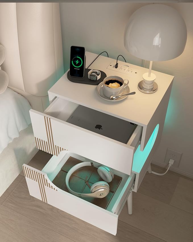 White Nightstand with Charging Station and LED Lights, Modern Bedside Table - Image 4