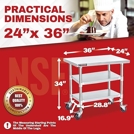 DuraSteel Stainless Steel Work Table 24" x 36" x 34" Height w/ 4 Caster Wheels - Image 2