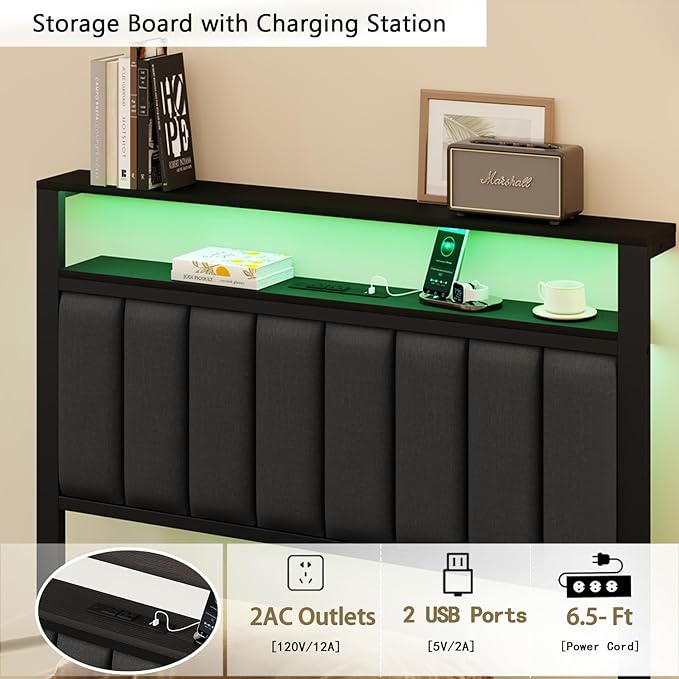 Furnulem Twin Bed Frames with Charging Station and LED Lights, Metal Platform - Image 8