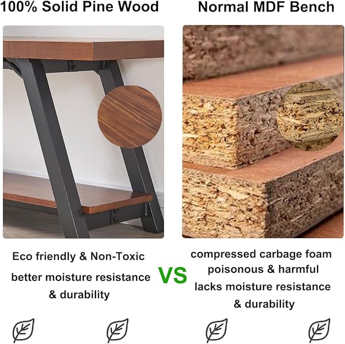 IBF Natural Real Wood Entryway Bench, Solid Wood Storage Bench, Industrial - Image 9