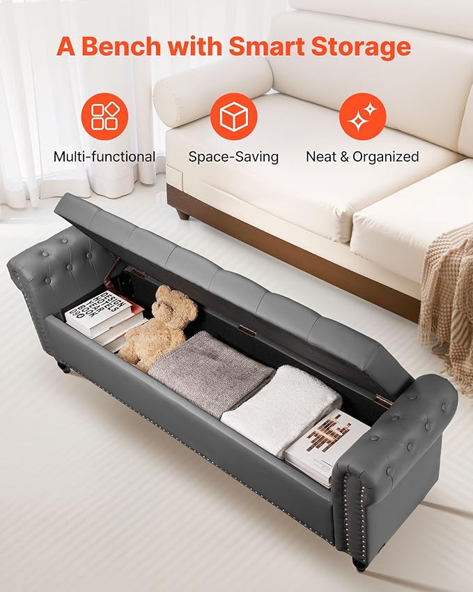 VEVOR Button-Tufted Storage Ottoman Bench, Rolled Arm PU Leather Bench - Image 5