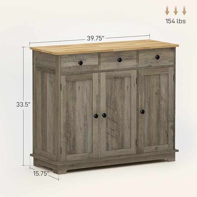 HOMCOM Sideboard with Solid Wood Countertop, Modern Kitchen Storage Cabinet - Image 3