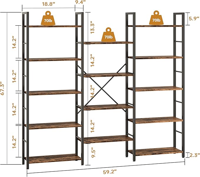 Shintenchi Triple Column 5 Tier Bookshelf, Industrial Large Bookcase Display - Image 2