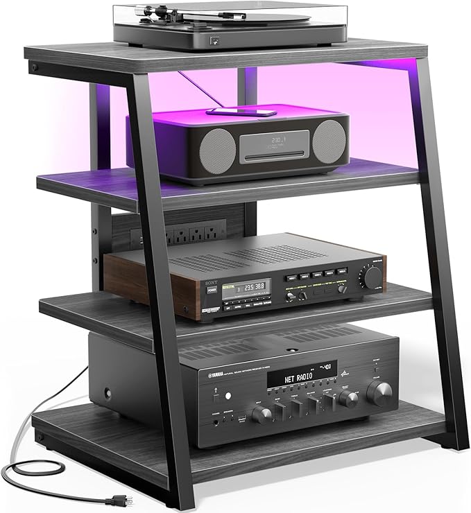 AV Media Stand with Outlets, Media Console with LED Lights, Stereo Racks and by Besiost