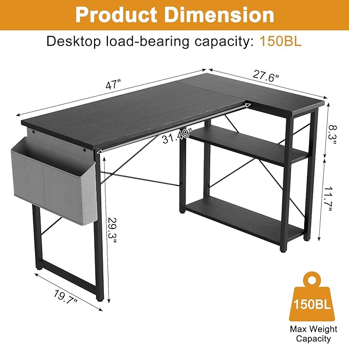 L Shaped Computer Desk with Reversible Shelves, 47 Inch Small Corner Desk with - Image 3