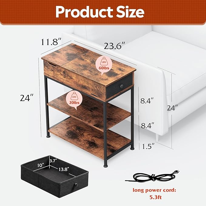 WLIVE Narrow Side Table with Charging Station, End Table - Image 3