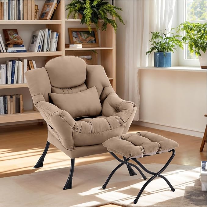 Lazy Chair with Ottoman, Modern Lounge Armchair with Lumbar Pillow, Accent Cozy - Image 8