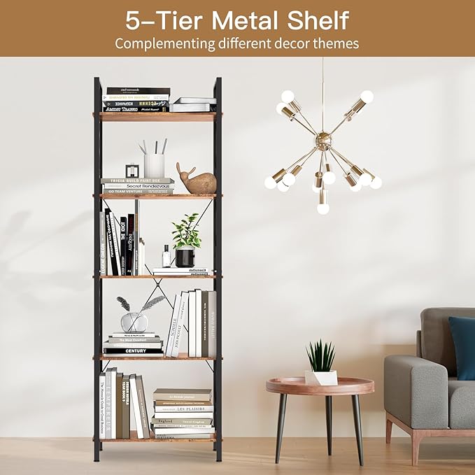 72"H 5-Tier Bookshelf: MDF Wood & Steel Shelves - Image 5