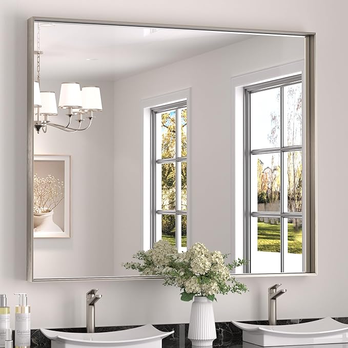 Keonjinn 48 x 40 in Brushed Nickel Bathroom Mirror, Rectangular Wall Metal by Keonjinn