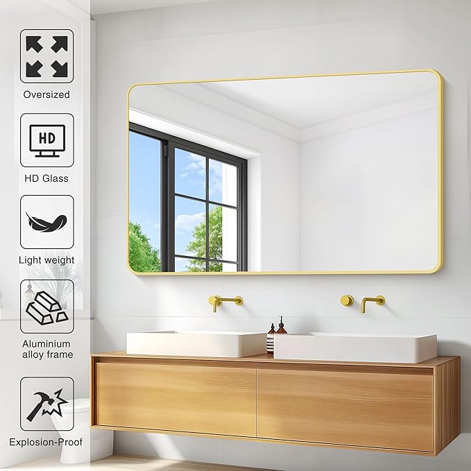 55x36 Inch Gold Bathroom Mirror, Metal Framed Large Rectangle Mirror, Rounded - Image 4