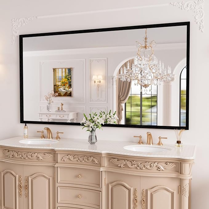 WEER Black Framed Mirror 55X30 Inch, Rectangular Matte Black Bathroom Vanity by WEER