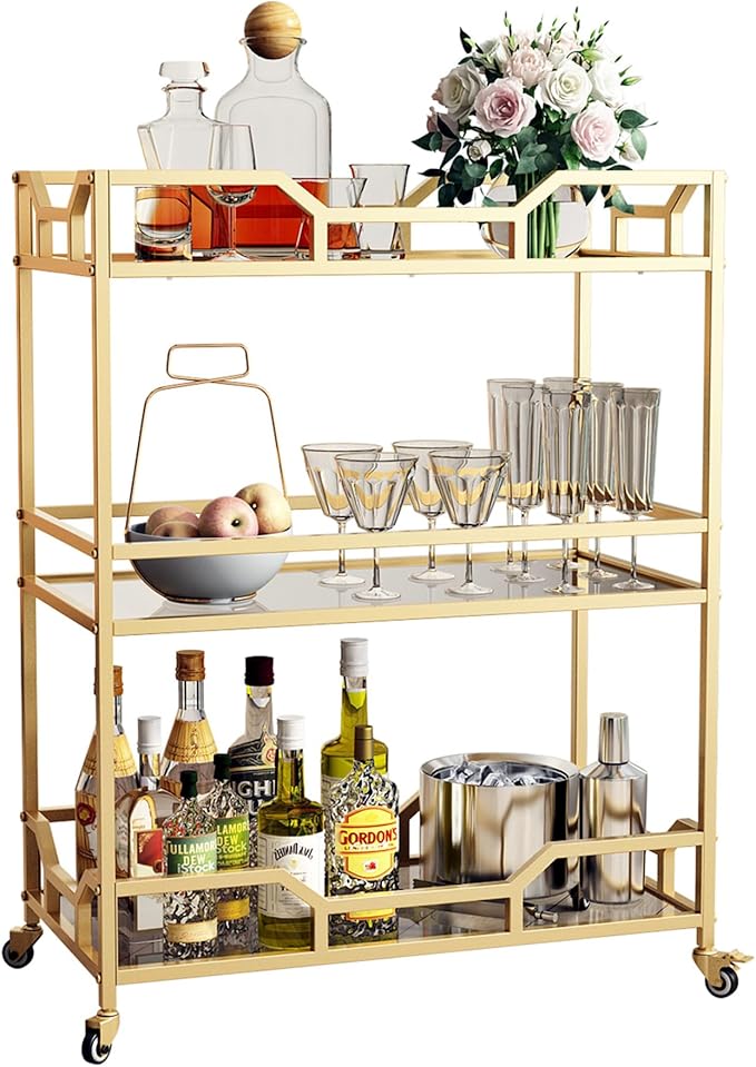 Square Gold Bar Carts with 3 Tier Storage Glass Shelves Holder Home Serving Bar - Image 6