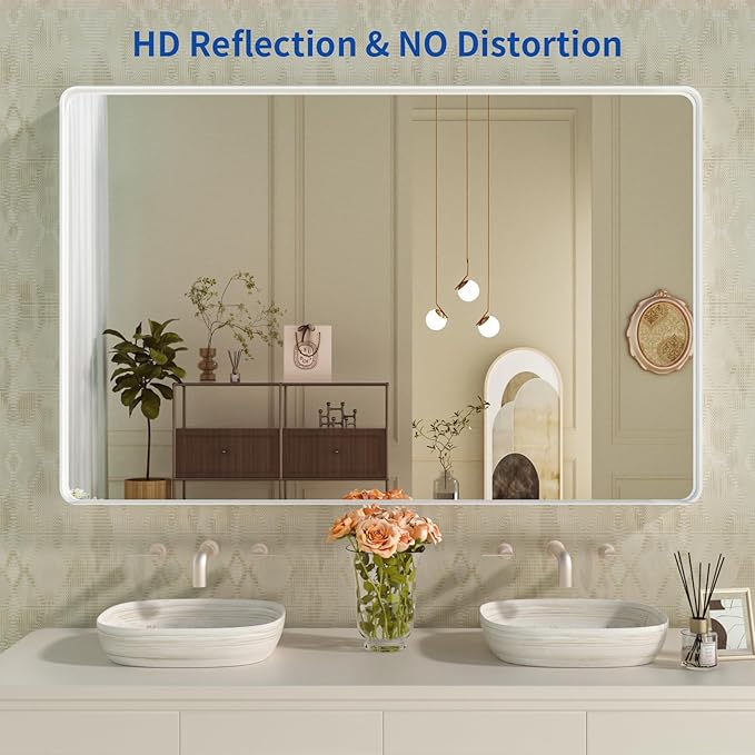 WEER White Bathroom Mirror 55X36 Inch, Rounded Rectangle White Metal Frame - Image 2