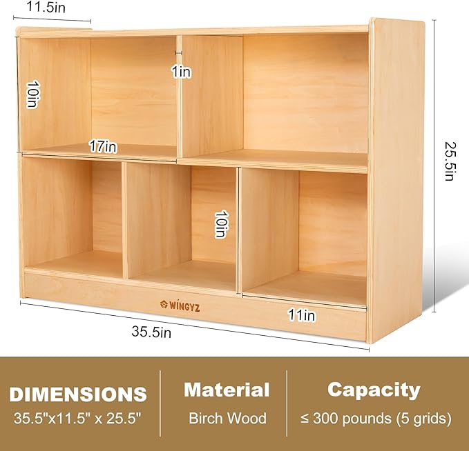 wingyz Wood Storage Shelf Organizer, 35.4" L, 5-Section Montessori Kids Toy & - Image 2