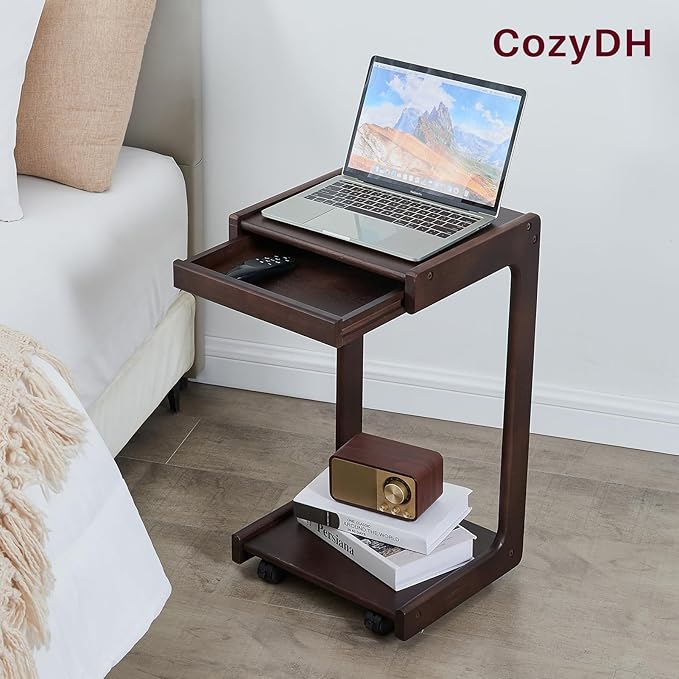 CozyDH C Shaped Solid Wood End Table, Rolling Side Table TV Sofa Tray Table - Image 8