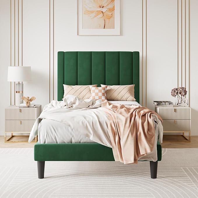 SHA CERLIN Twin Bed Frame/Velvet Upholstered Platform Bed Frame by SHACERLIN