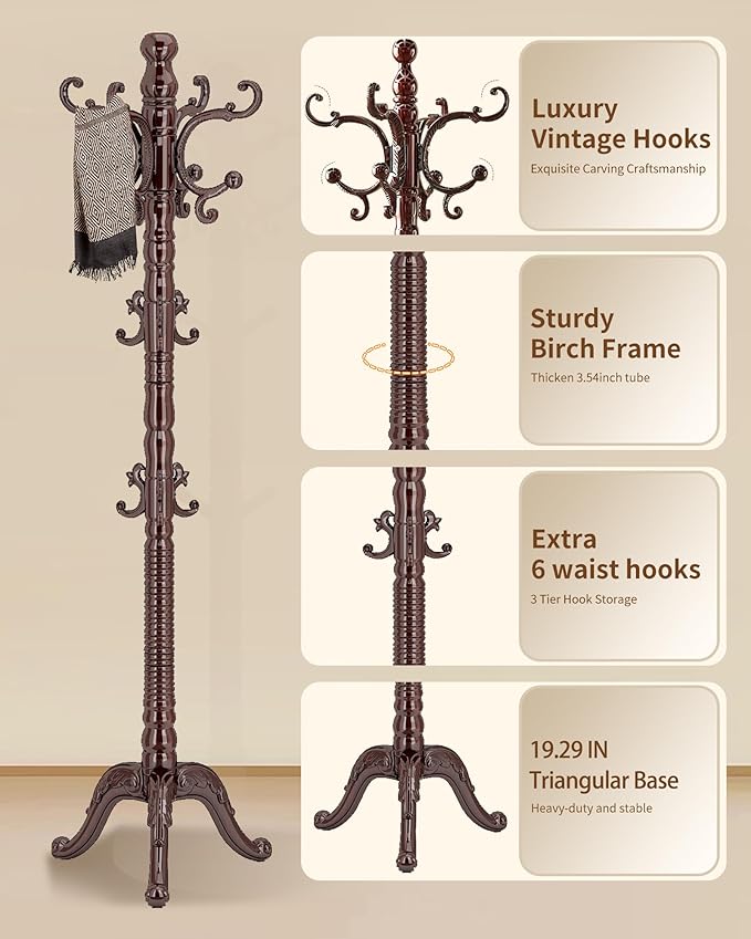 EZIVIEZ Wooden Coat Rack Stand, Solid Wood Freestanding Coat Rack, Vintage Coat - Image 2