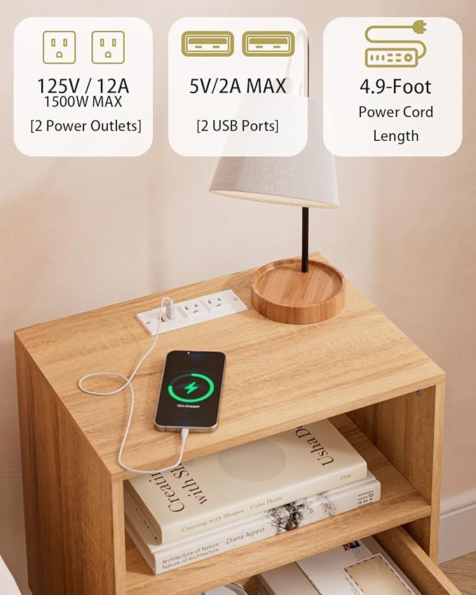 Rattan Nightstand with Charging Station, Small Night Stand, Side Table with - Image 4