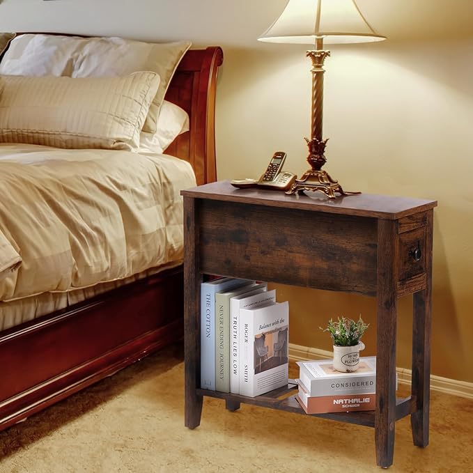 Brown Chairside Narrow End Table, Solid Wood Recliner Side Table - Image 4