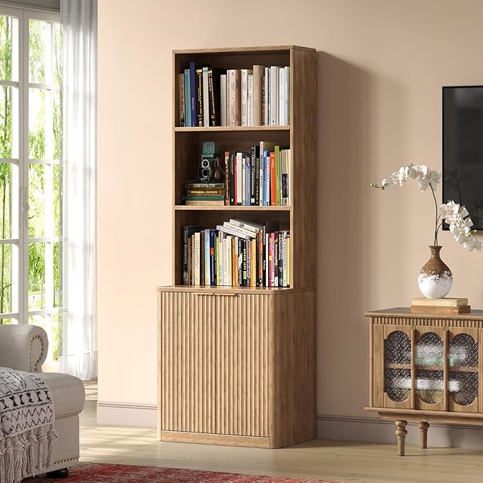 71" Oak Bookcase with Doors, 5-Tier Fluted Tall Bookshelf with Storage by Hootata