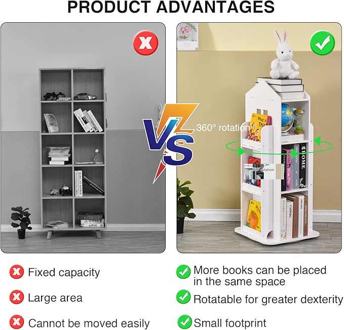 Rotating Bookshelf, 360 Display 3 Tier Floor Standing Bookcase Storage Rack - Image 4