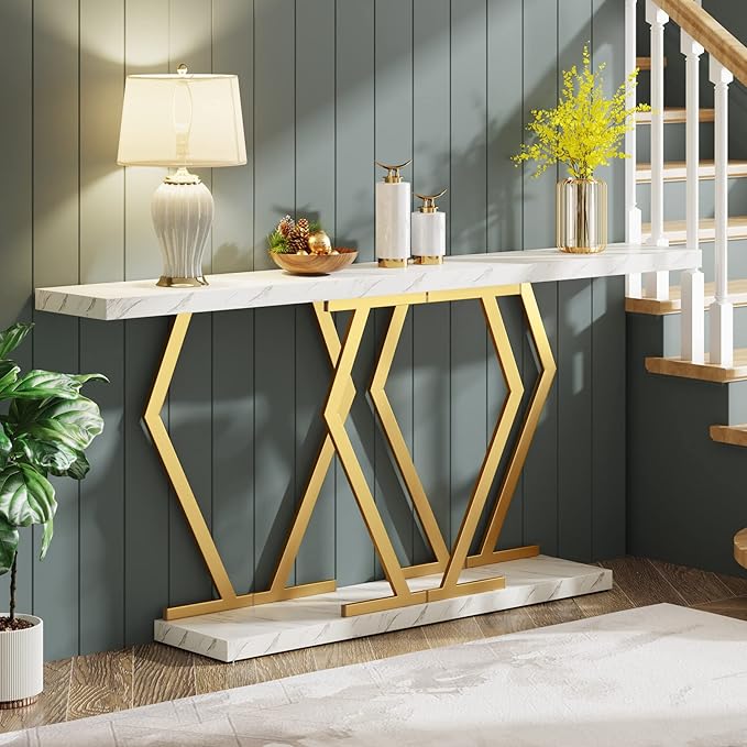 Tribesigns 70.9 Inch Extra Long Sofa Table， White and Gold Console Table - Image 4