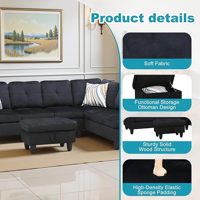 Couches for Living Room Modern L Shaped Couch Comfy Flannel Fabric 3 Pieces - Image 5