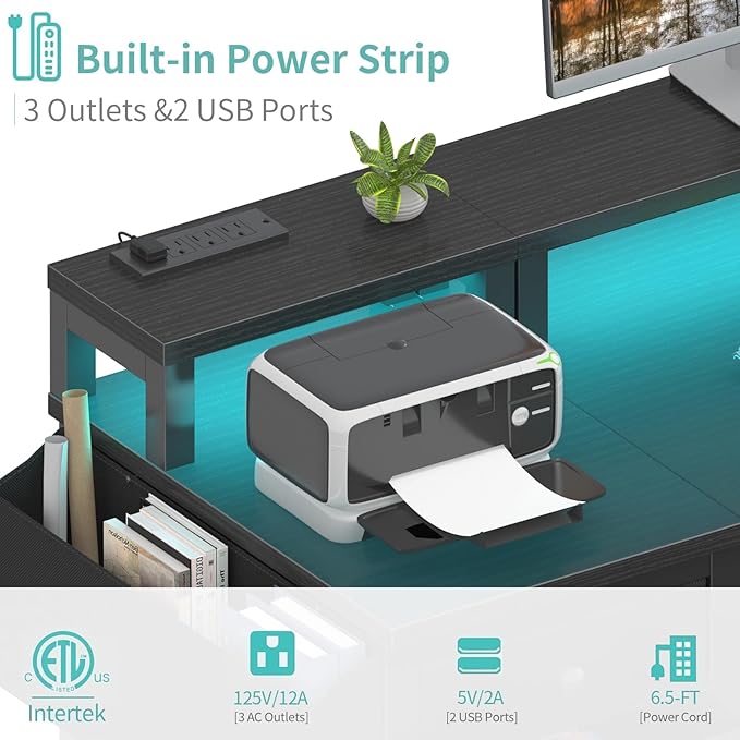 Lufeiya Gaming Desk with LED Lights and Power Outlets, 47 inch Computer Desk - Image 7