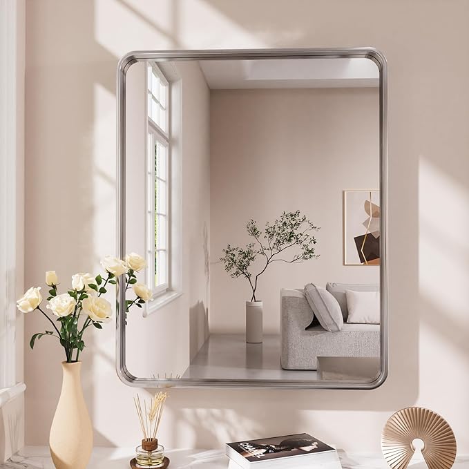 Brushed Nickel Bathroom Mirror 20x30 Inch, Brushed Silver Metal Frame Mirror - Image 2