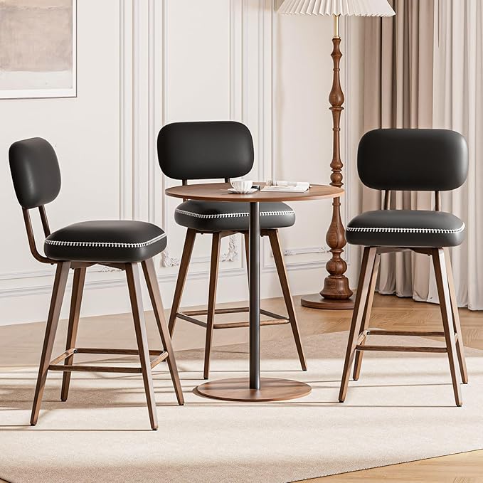 Swivel Bar Stools Set of 3, Mid Century PU Leather Counter Height Bar Chairs - Image 3