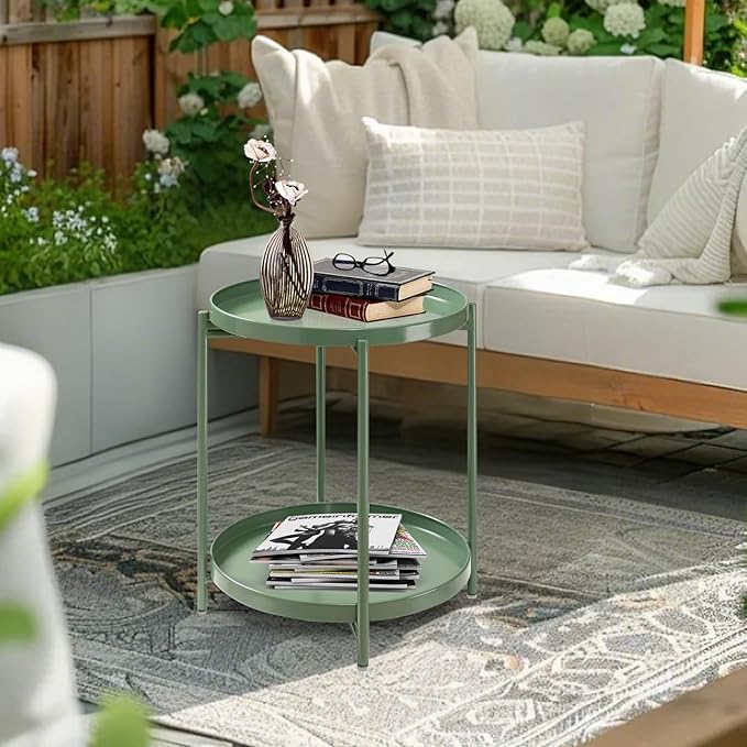 TeoKJ 2 Tier Green Side Table, Folding Round Metal End Table Small Nightstand - Image 10