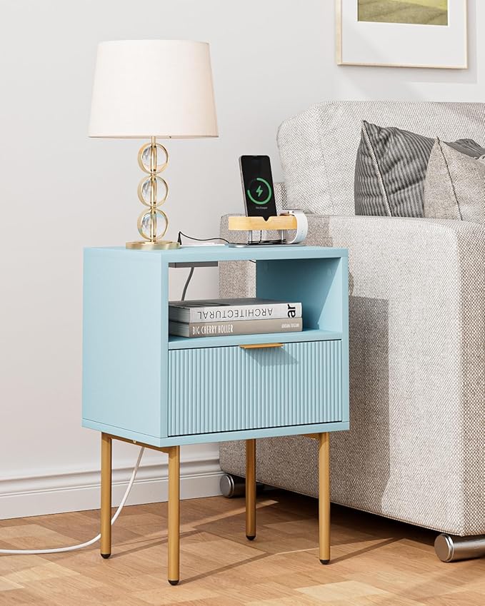 Masupu Nightstand with Charging Station, Mid-Century Modern Bedside Table with - Image 4