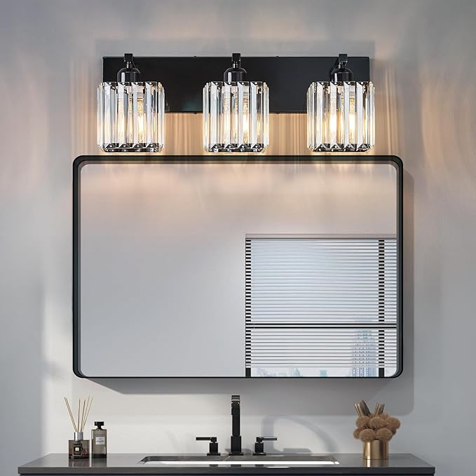 Modern Bathroom Vanity Light 3-Lights Plating Black Crystal Bathroom Wall Light - Image 2