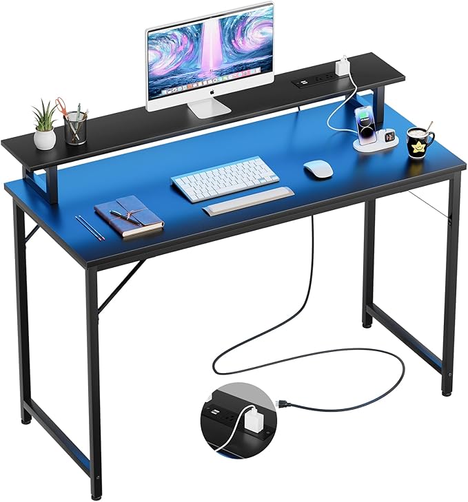 47 inch Computer Desk with Power Outlets, Gaming Desk with LED Lights, Home by iSunirm